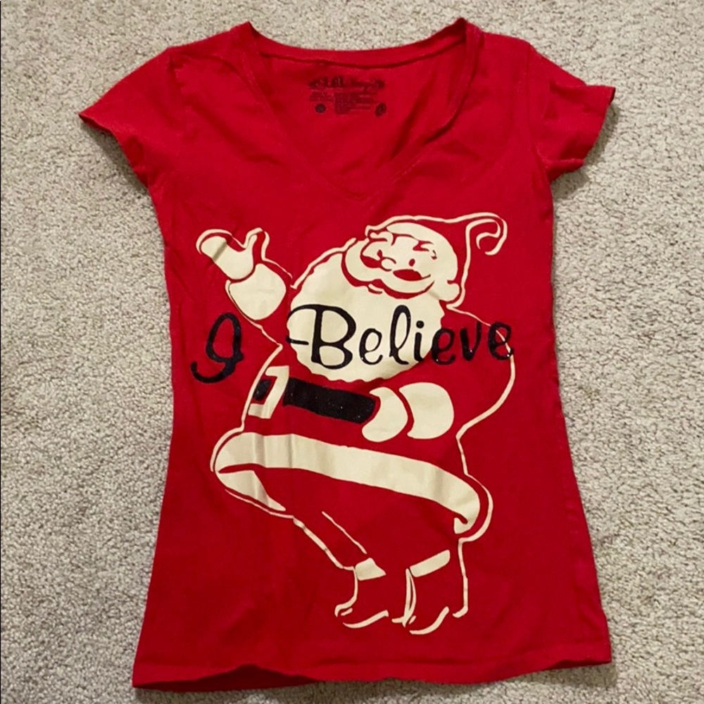 Red Santa Shirt, with “I believe” on it